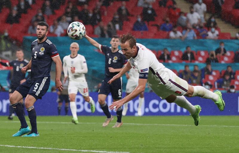 England's Harry Kane heads a chance wide. Reuters