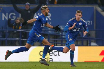 Soccer Football - Premier League - Leicester City vs AFC Bournemouth - King Power Stadium, Leicester, Britain - March 3, 2018   Leicester City's Riyad Mahrez celebrates scoring their first goal from a freekick    Action Images via Reuters/Craig Brough    EDITORIAL USE ONLY. No use with unauthorized audio, video, data, fixture lists, club/league logos or "live" services. Online in-match use limited to 75 images, no video emulation. No use in betting, games or single club/league/player publications.  Please contact your account representative for further details.