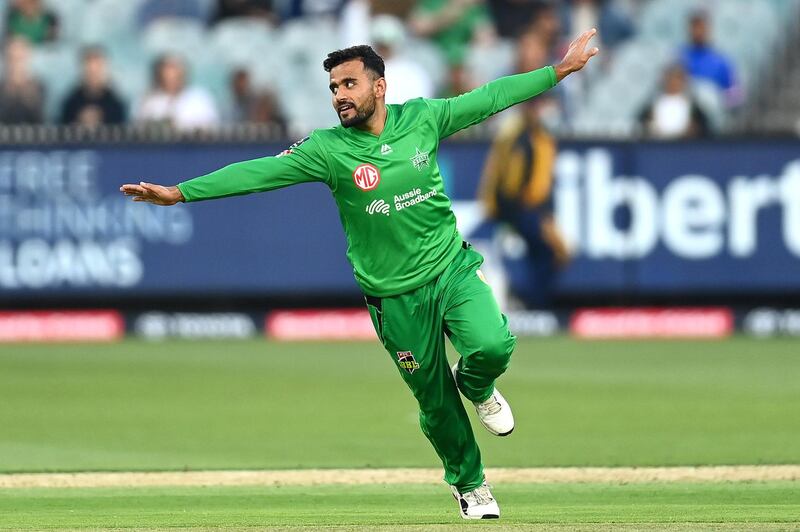 MELBOURNE, AUSTRALIA - JANUARY 17: Zahir Khan of the Stars celebrates getting the wicket of Beau Webster of the Renegades  during the Big Bash League match between the Melbourne Stars and the Melbourne Renegades at Melbourne Cricket Ground, on January 17, 2021, in Melbourne, Australia. (Photo by Quinn Rooney/Getty Images)