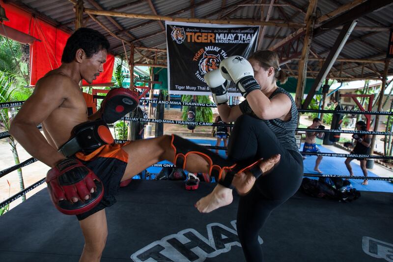 Laura Koot trains P-Noog at Tiger Muay Thai in Phuket, Thailand, Saturday, Jun. 15, 2013. (Photo by Mitch Viquez Â©2013) *** Local Caption ***  20130615_Laura_Koot.01.jpg