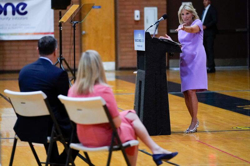 Jill Biden, in a lilac shift dress, speaks in Phoenix, Arizona on June 30, 2021. AFP