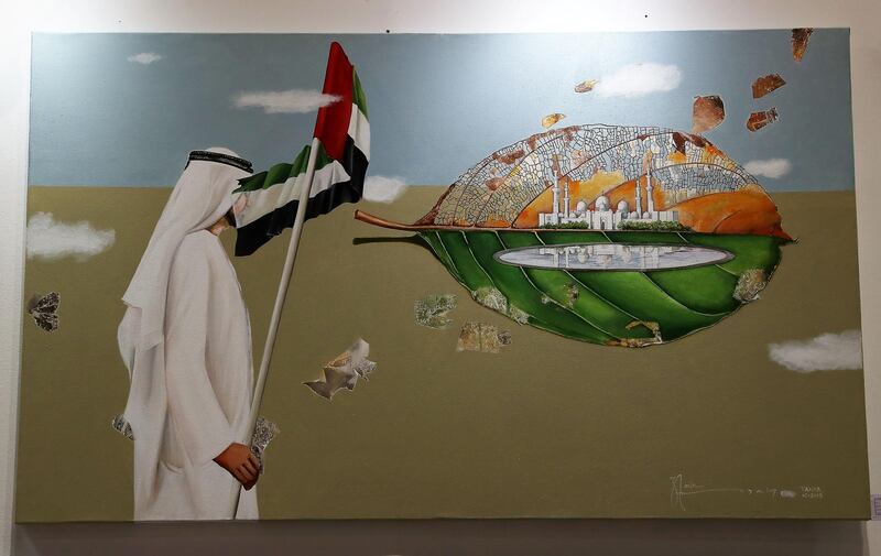 DUBAI , UNITED ARAB EMIRATES , April 3 – 2019 :-  Art work by artist Zakir Hussain on display at the World Art Dubai 2019 held at Dubai World Trade Centre from 3rd to 6th April in Dubai. He is showing the vision of Sheikh Zayed about the UAE. How he transformed UAE desert into the green and clean city. ( Pawan Singh / The National ) For News/Online/Instagram