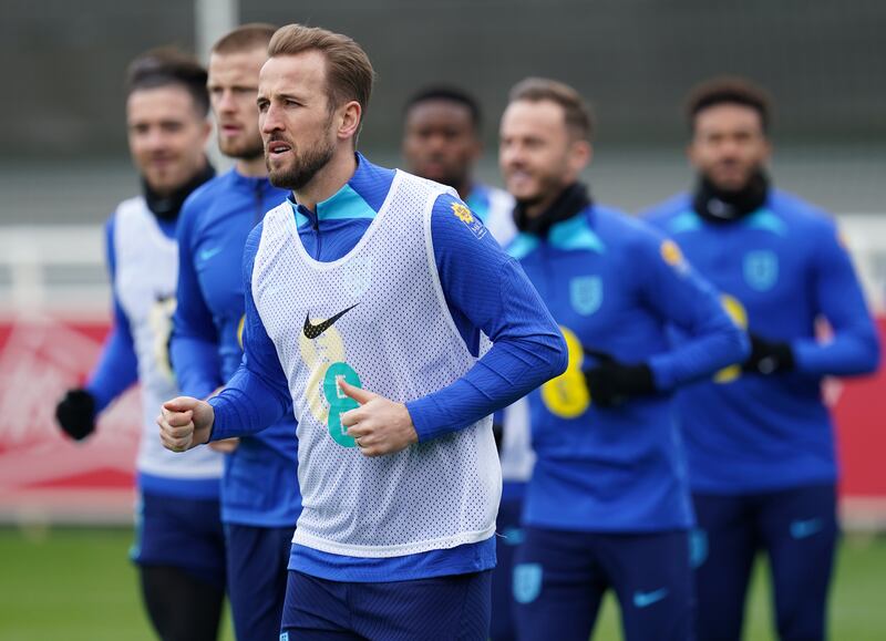 England's Harry Kane during a training session at St George's Park, Burton-on-Trent, on Tuesday, March 21, 2023. PA