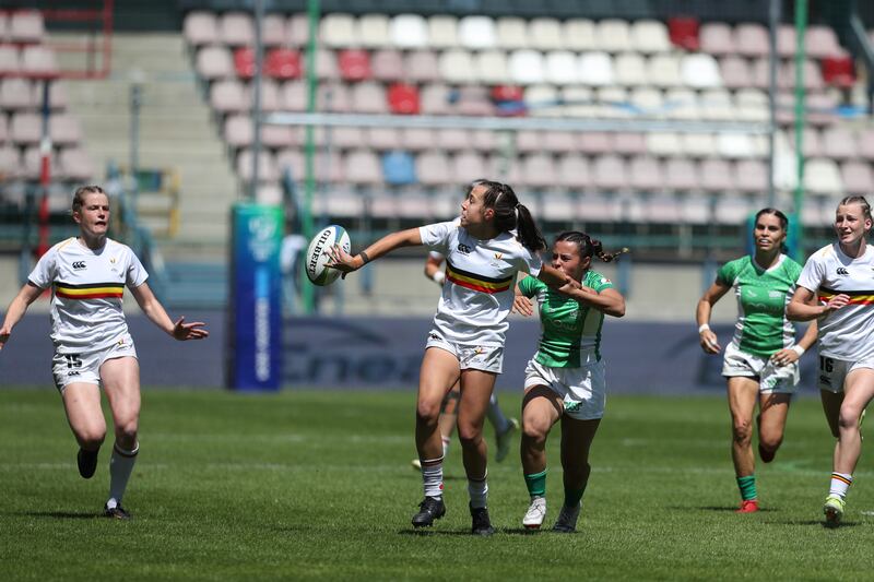 Femke Soens offloads the ball while playing for Belgium against Mexico in the Sevens Challenger in Krakow. Photo: World Rugby