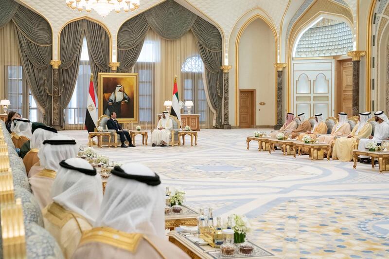 Sheikh Mohamed bin Zayed, Crown Prince of Abu Dhabi and Deputy Supreme Commander of the UAE Armed Forces, and Egypt's President Abdel Fattah El Sisi meet in Qasr Al Watan in Abu Dhabi on Thursday. Courtesy Sheikh Mohamed bin Zayed Twitter