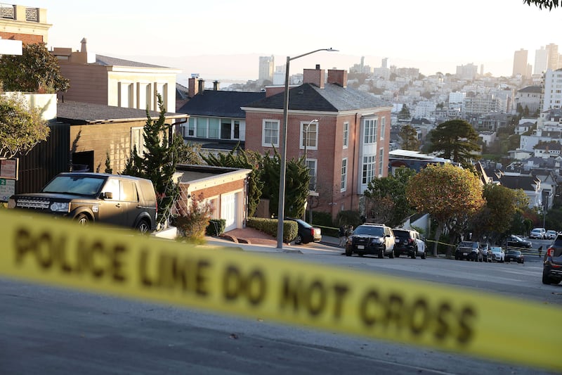 Police tape is seen in front of the Pelosi home. Getty Images / AFP
