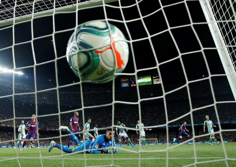 Barcelona's Carles Perez, 21, celebrates scoring their third goal. Reuters