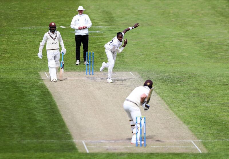 Sussex's Jofra Archer bowls at The 1st Central County Ground. PA