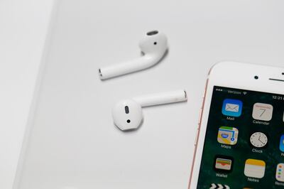 SAN FRANCISCO, CA - SEPTEMBER 07: A pair of the new Apple AirPods are seen during a launch event on September 7, 2016 in San Francisco, California. Apple Inc. unveiled the latest iterations of its smart phone, the iPhone 7 and 7 Plus, the Apple Watch Series 2, as well as AirPods, the tech giant's first wireless headphones.   Stephen Lam/Getty Images/AFP