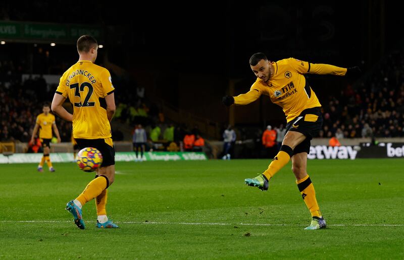 Wolves defender Romain Saiss shoots at goal. Reuters