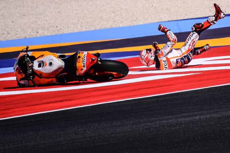 Five-time MotoGP champion Marc Marquez takes a tumble during practice at the San Marino Grand Prix on Saturday.
AFP