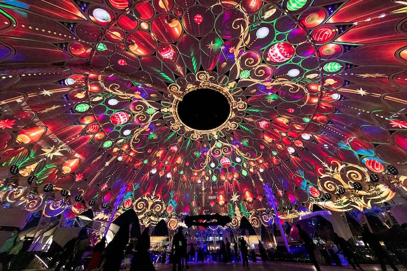Christmas light projections on the Al Wasl Plaza dome at Expo 2020 Dubai.