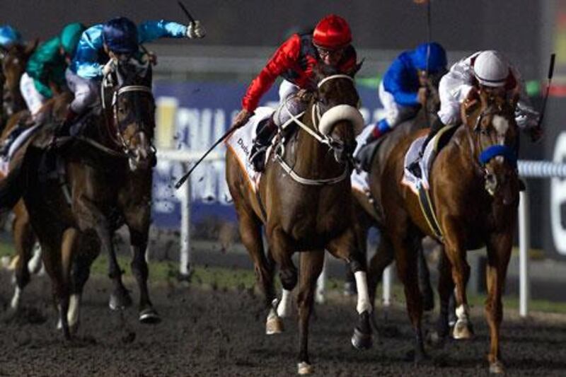 Rocket Man, with Felix Coetzee aboard, in red, won the Dubai Golden Shaheen at Meydan Racecourse this past March.