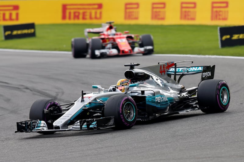 Formula One - F1 - Belgian Grand Prix - Spa-Francorchamps, Belgium - August 27, 2017  Mercedes' Lewis Hamilton in action ahead of Ferrari's Sebastian Vettel    REUTERS/Francois Lenoir