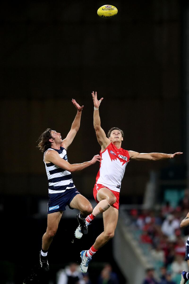 Jack Henry, of the Geelong Cats, competes for the ball against Sydney Swans' Callum Sinclair during the AFL match at Sydney Cricket Ground on Saturday, May 1. Getty