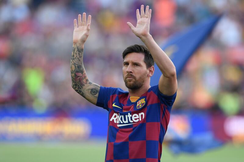 (FILES) In this file photo taken on August 4, 2019 Barcelona's Argentinian forward Lionel Messi waves before the 54th Joan Gamper Trophy friendly football match between Barcelona and Arsenal at the Camp Nou stadium in Barcelona.  Six-time Ballon d'Or winner Lionel Messi told Barcelona he wants to leave -- on a free transfer -- in a "bombshell" fax yesterday that is expected to spark a legal battle over a buy-out clause worth hundreds of millions of dollars. / AFP / Josep LAGO
