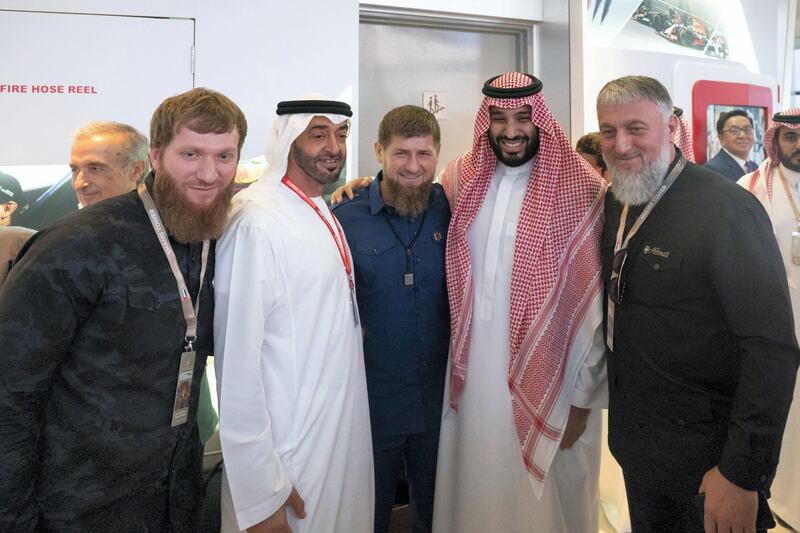 YAS ISLAND, ABU DHABI, UNITED ARAB EMIRATES - December 01, 2019: HH Sheikh Mohamed bin Zayed Al Nahyan, Crown Prince of Abu Dhabi and Deputy Supreme Commander of the UAE Armed Forces (4th R), stands for a photograph with HE Ramzan Kadyrov, President of the Chechnya (3rd R) and HRH Prince Mohamed bin Salman bin Abdulaziz, Crown Prince, Deputy Prime Minister and Minister of Defence of Saudi Arabia (2nd R), during the final race of the Formula 1 2019 Etihad Airways Abu Dhabi Grand Prix, at Shams Tower.

( Hamad Al Kaabi  / Ministry of Presidential Affairs )
---