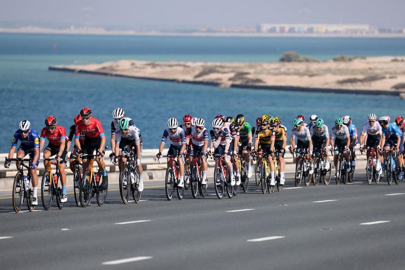 The pack rides during the seventh stage of the UAE Cyclig Tour from Yas Mall to Abu Dhabi Breakwater. AFP