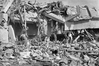 Mandatory Credit: Photo by Bill Foley/AP/Shutterstock (7323174a)
Rescuers prepare to lower a U.S. Marine on a stretcher down to safety below, in Beirut, Lebanon, following a car bomb attack on the Marines' headquarters near the Beirut airport
Beirut U.S. Marines Barracks Bombing, Beirut, Lebanon