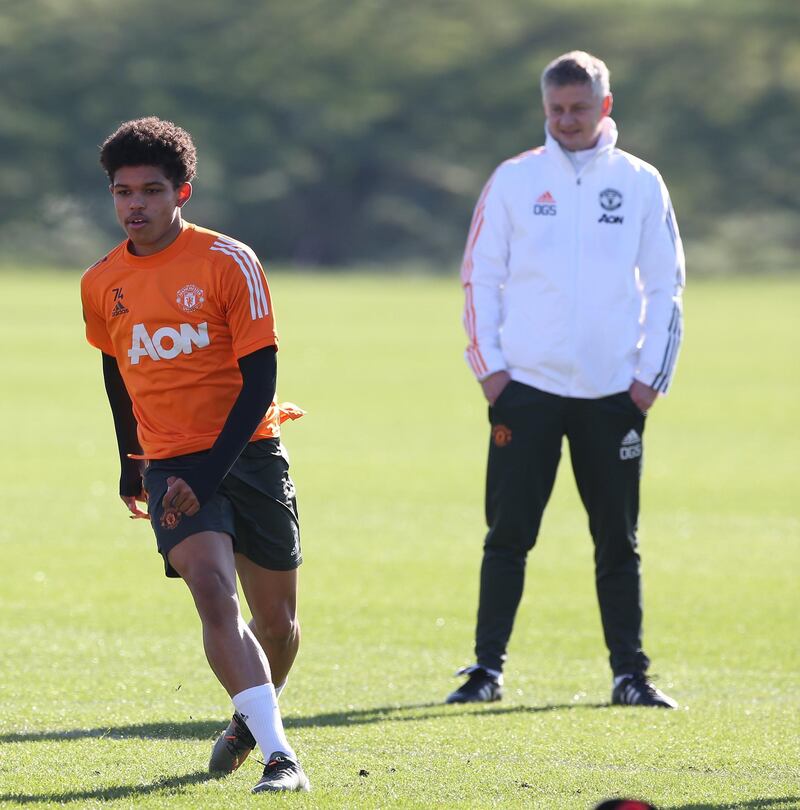 MANCHESTER, ENGLAND - FEBRUARY 26: (EXCLUSIVE COVERAGE) Shola Shoretire of Manchester United in action during a first team training session at Aon Training Complex on February 26, 2021 in Manchester, England. (Photo by Matthew Peters/Manchester United via Getty Images)