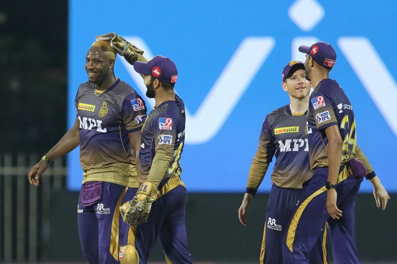 Andre Russell of Kolkata Knight Riders celebrates the wicket of Krunal Pandya of Mumbai Indians during match 5 of the Vivo Indian Premier League 2021 between  the Kolkata Knight Riders and the Mumbai Indians held at the M. A. Chidambaram Stadium, Chennai on the 13th April 2021.

Photo by Faheem Hussain / Sportzpics for IPL