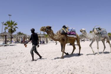 A man pulls camels at the beach in the Tunisian Mediterranean resort of Sousse on May 22, 2021. AFP 