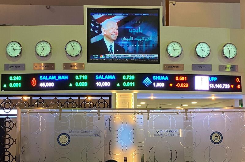 News of Joe Biden's victory in US elections is aired on a digital screen in Dubai Stock Exchange in Dubai, UAE. Reuters
