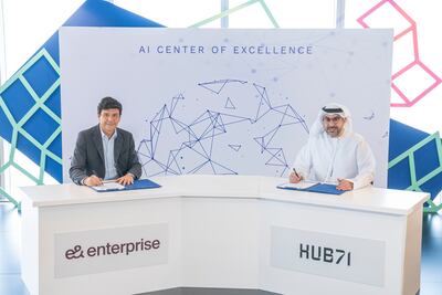 Salvador Anglada, chief executive of e& enterprise, with Hub71 chief executive Badr Al Olama. Photo: Hub71