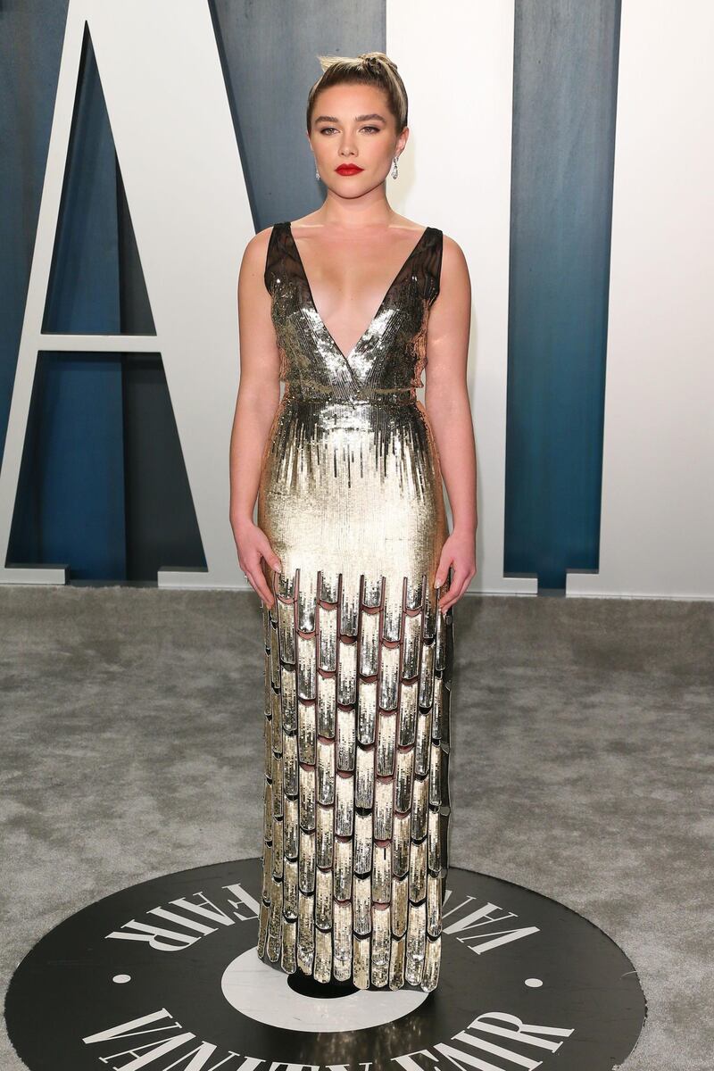Florence Pugh in Louis Vuitton at the 2020 Vanity Fair Oscar Party. AFP