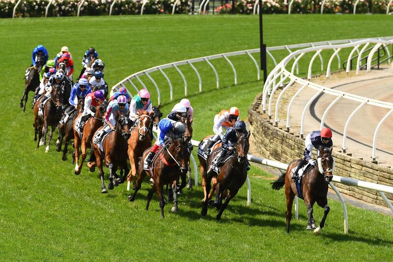 Jye McNeil riding Twilight Payment leads the field around the first bend in the Lexus Melbourne Cup. Getty Images for the VRC