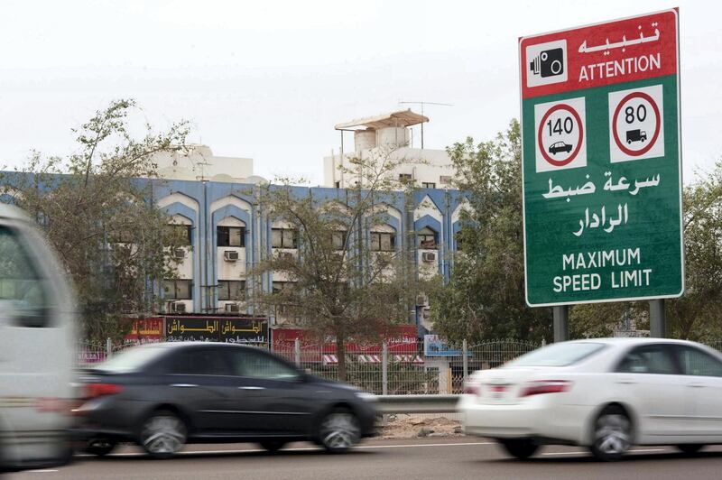 ABU DHABI, UNITED ARAB EMIRATES -  April 24, 2011:  Stock photos of the new highway speed sign on the Abu Dhabi to Dubai highway (E10 / E11) near Shahama.   ( DELORES JOHNSON / The National )