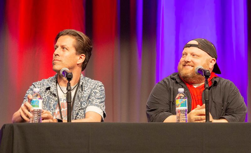 Writer Kevin Burke (L) and writer Chris 'Doc' Wyatt speak at the Spiderman Maximum Venom panel. EPA.