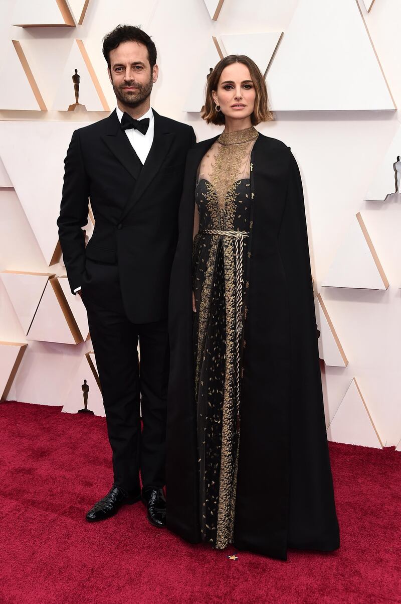 Benjamin Millepied and Natalie Portman arrive at the Oscars on Sunday, February 9, 2020, at the Dolby Theatre in Los Angeles. AP