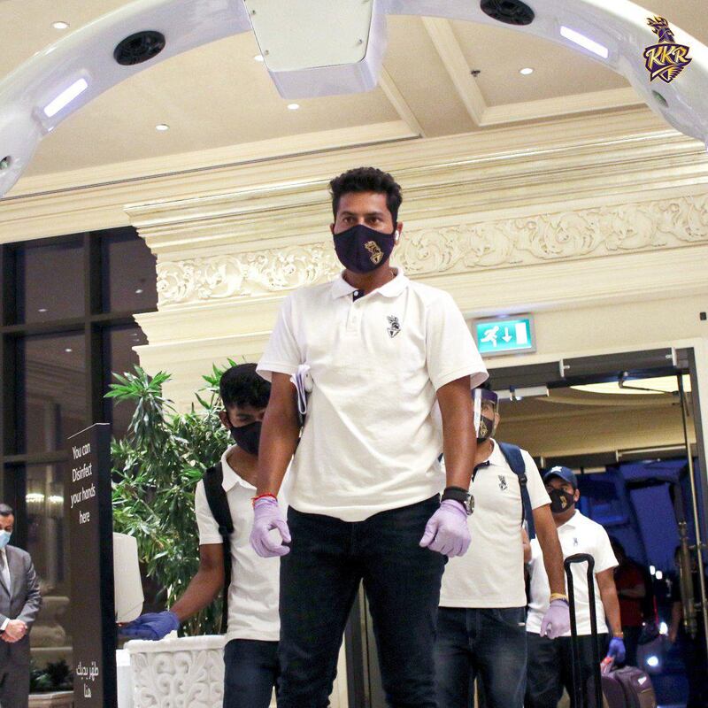 Kolkata Knight Riders arrive at their team hotel in Abu Dhabi for IPL 2020. Courtesy Kolkata Knight Riders twitter / @KKRiders