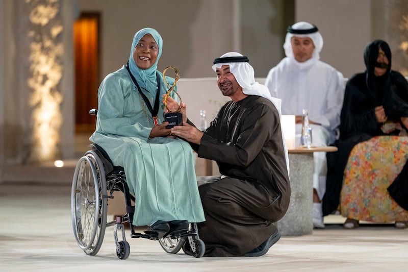 President Sheikh Mohamed presents an Abu Dhabi Award to Klaithem Obaid Al Matrooshi. The awards were founded in 2005 and are a tribute to the legacy of UAE Founding Father, the late Sheikh Zayed bin Sultan Al Nahyan. Abdulla Al Bedwawi / UAE Presidential Court