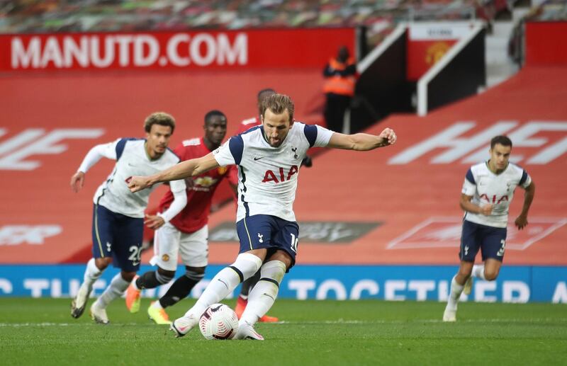 Soccer Football - Premier League - Manchester United v Tottenham Hotspur - Old Trafford, Manchester, Britain - October 4, 2020 Tottenham Hotspur's Harry Kane scores their sixth goal from the penalty spot Pool via REUTERS/Carl Recine EDITORIAL USE ONLY. No use with unauthorized audio, video, data, fixture lists, club/league logos or 'live' services. Online in-match use limited to 75 images, no video emulation. No use in betting, games or single club /league/player publications.  Please contact your account representative for further details.