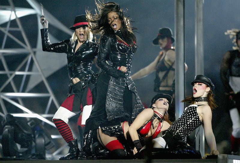 Janet Jackson performs during the half-time show at Super Bowl XXXVIII between the New England Patriots and the Carolina Panthers at Reliant Stadium on February 1, 2004, in Houston, Texas. AFP