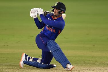 India's Ishan Kishan plays a shot during the first one-day international (ODI) cricket match between India and West Indies at the Narendra Modi Stadium in Motera on February 6, 2022. (Photo by Punit PARANJPE / AFP) / IMAGE RESTRICTED TO EDITORIAL USE - STRICTLY NO COMMERCIAL USE