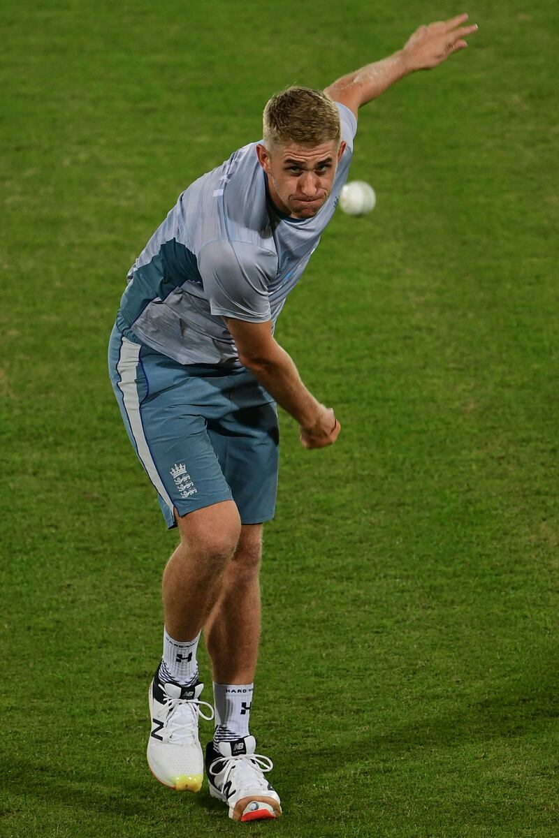 Olly Stone bowls during a training session. AFP