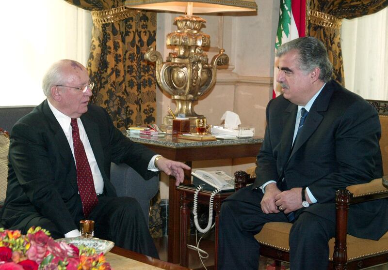 Former Russian Mr Gorbachev (left) meets Lebanese Prime Minister Rafiq Hariri in Beirut in 2003. AFP