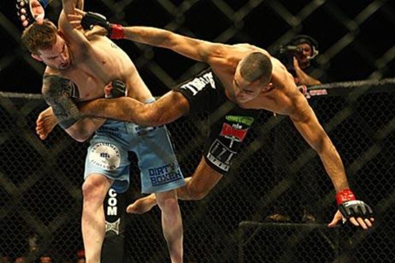 Terry Etim, who fights at Yas Island tonight, is airborne in spectacular UFC action against Brian Cobb at the O2 Arena in London.