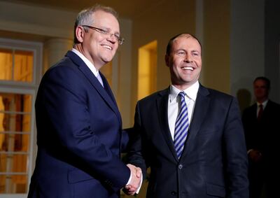 The new Australian Prime Minister Scott Morrison shakes hands with the new Treasurer Josh Frydenberg after the swearing-in ceremony in Canberra, Australia August 24, 2018.  REUTERS/David Gray