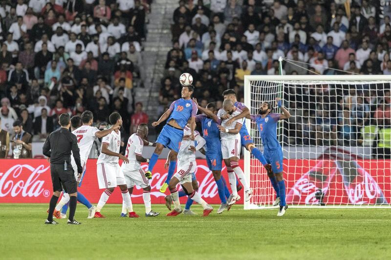 ABU DHABI, UNITED ARAB EMIRATES. 10 JANUARY 2019. AFC Football at Zayed Sports City. UAE vs India match. First half. UAE leads 1-0. (Photo: Antonie Robertson/The National) Journalist: John McAuley. Section: Sport.