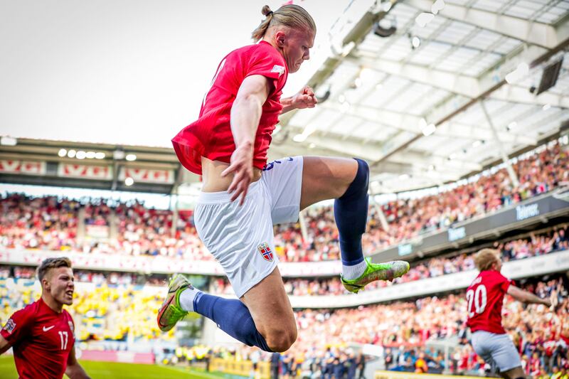 Norway forward Erling Haaland celebrates scoring the opening goal against Sweden in their Nations League match in Oslo on June 12, 2022. AFP
