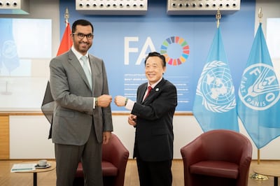 Cop28 President-designate Dr Sultan Al Jaber meets Qu Dongyu, director-general of the UN's Food and Agriculture Organisation in Rome.