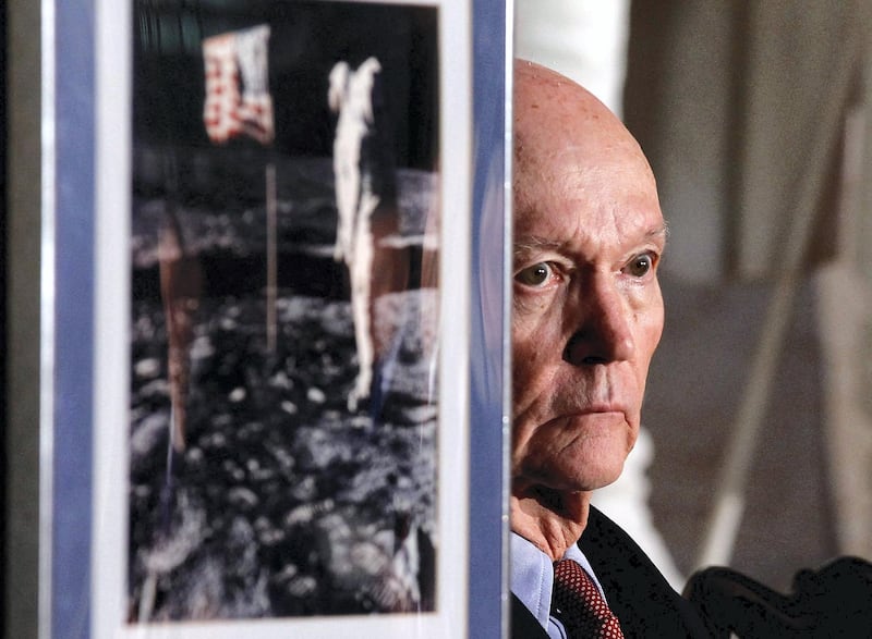 WASHINGTON, DC - NOVEMBER 16: Apollo Astronaut Michael Collins listens to remarks before receiving the Congressional Gold Medal during a ceremony in the Rotunda of the U.S. Capitol November 16, 2011 in Washington, DC. Collions received the gold medal along with he fellow Apollo 11 crew members, Neil Armstrong and Buzz Aldrin; and astronaut and former U.S. Senator John Glenn (D-OH), the first American to orbit the Earth.   Chip Somodevilla/Getty Images/AFP (Photo by CHIP SOMODEVILLA / GETTY IMAGES NORTH AMERICA / Getty Images via AFP)