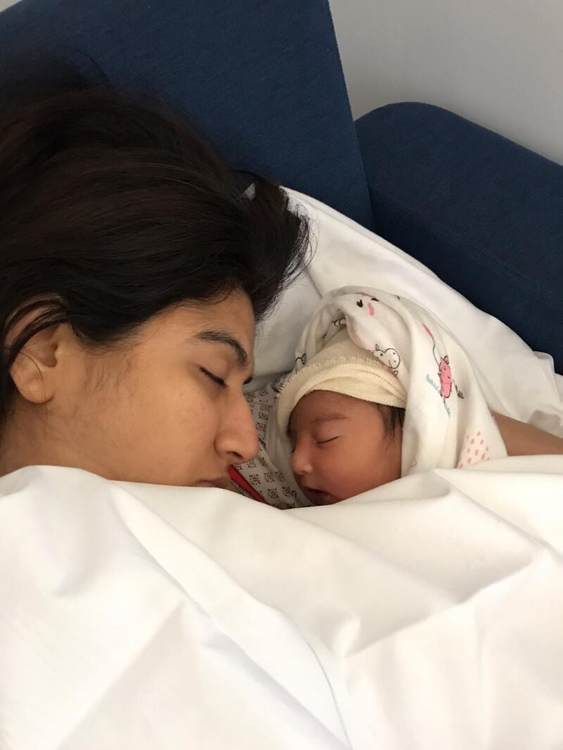 Panna Munyal and baby Myra in hospital in Dubai just after the birth. Photos Panna Munyal / The National