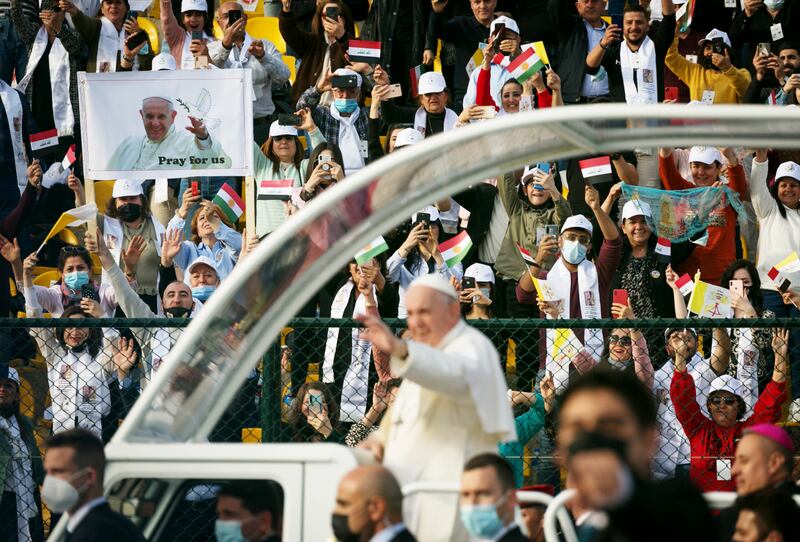 Pope Francis arrives at the Franso Hariri Stadium in Erbil, Iraq, March 2021. Getty Images