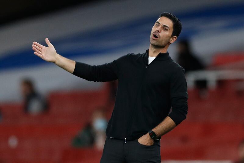 Arsenal manager Mikel Arteta watches on the sidelines. Reuters