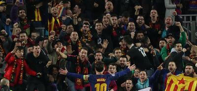 Soccer Football - Champions League Round of 16 Second Leg - FC Barcelona vs Chelsea - Camp Nou, Barcelona, Spain - March 14, 2018   Barcelona’s Lionel Messi celebrates scoring their third goal in front of fans              REUTERS/Susana Vera